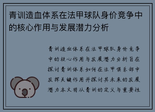 青训造血体系在法甲球队身价竞争中的核心作用与发展潜力分析