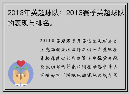 2013年英超球队：2013赛季英超球队的表现与排名。