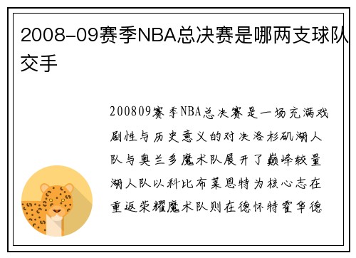 2008-09赛季NBA总决赛是哪两支球队交手
